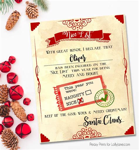 Santa "nice list" free printable certificate