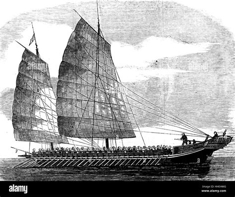 Engraving of a Chinese Junk, an ancient Chinese sailing ship design, with a sternpost rudder ...