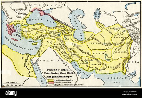 Map of the Persian Empire under Darius I about 500 BC with principal satrapies. Color lithograph ...