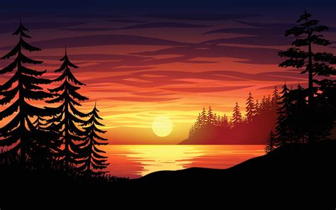 Sunset Lake With Pine Tree Illustrator 2856089 Vector Art at Vecteezy