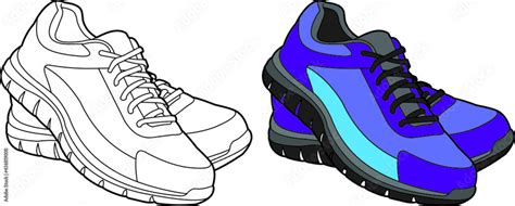 pair of sneakers running shoes vector drawing line art and colored Stock Vector | Adobe Stock