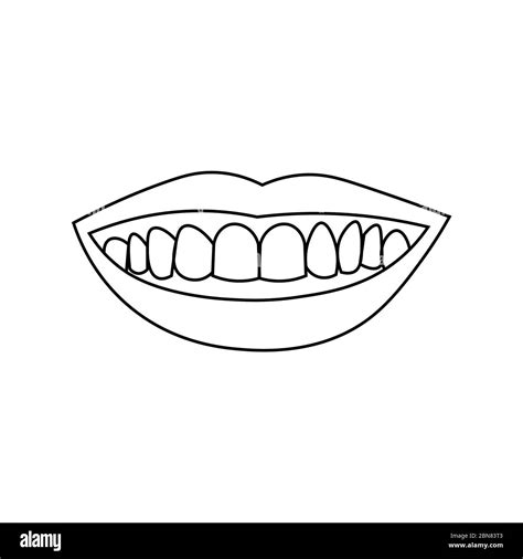 Smiling lips with teeth. Black outline on white background. Vector ...