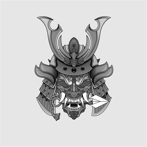 Black tattoos Samurai mask Oni Devil Japanese Traditional warrior helmet illustration. Military ...