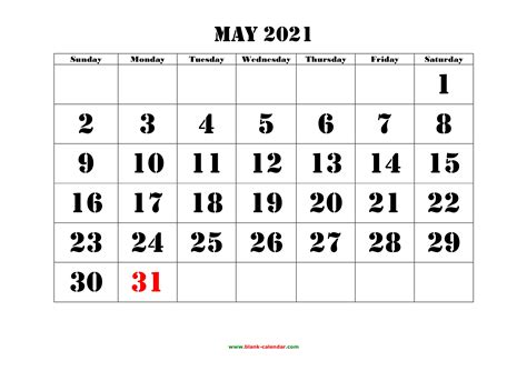 Free Download Printable May 2021 Calendar, large font design , holidays ...