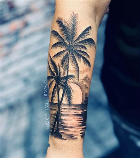 Beach Tattoo Sleeve by IKOVA TATTOO | Palm tattoos, Forearm band tattoos, Sunset tattoos