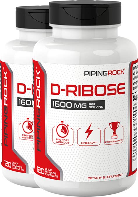 D-Ribose 800 mg 100% Pure 2 Bottles x 120 Capsules | Supplement | PipingRock Health Products