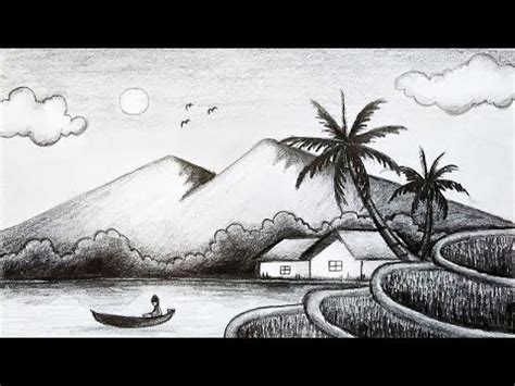 Cara Menggambar Sketsa Pemandangan Sawah dan Gunung Yang Mudah ...