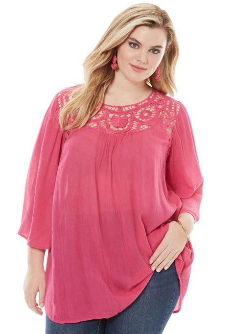 Roaman's - Roaman's Plus Size Lace Neckline Tunic with Three-Quarter ...