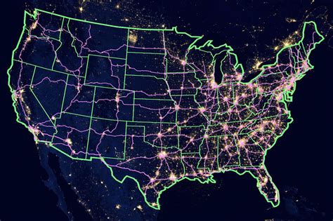 Here's a US map showing the constellation of city lights and highways | Amazing maps, Us map, Map