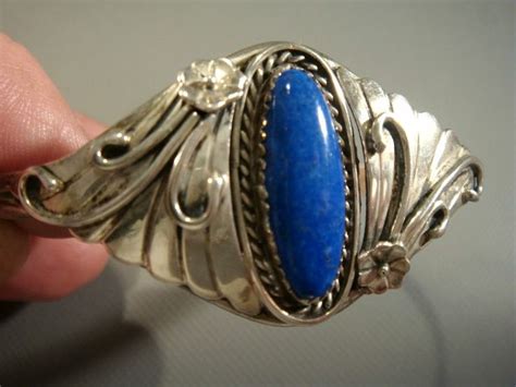 AUGUSTINE LARGO Vintage Navajo ROYAL BLUE LAPIS & Sterling Silver Cuff Bracelet Silver Turquoise ...