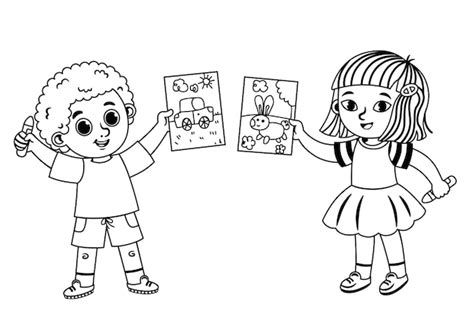 Premium Vector | Black and white two little children are showing the ...