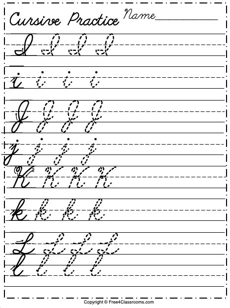 Free Cursive Alphabet Worksheet - Letters I to L - Free Worksheets - Free4Classrooms