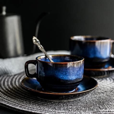 KINGLANG 180ml deep blue Ceramic Coffee Cup Saucer Set High Tea ...