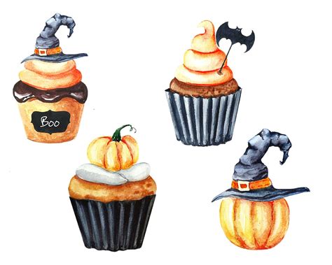 Halloween Watercolor Clipart Cupcake clipart Pumpkin | Etsy