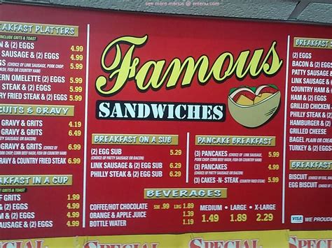 Menu at Famous Sandwiches restaurant, Jacksonville, Cassat Ave