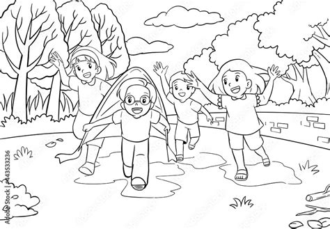 Kids Coloring Pages with Kids Playing Outside Together Black And White Vector Illustration for ...