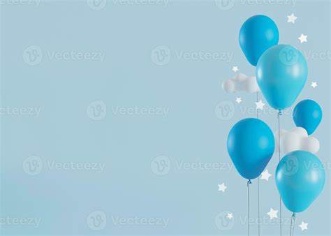 Blue background with helium balloons, stars and copy space. It's a boy ...