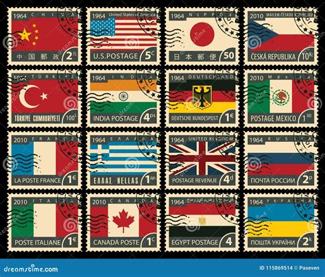 Set of Stamps with Flags of Different Countries Stock Vector - Illustration of asia, europe ...