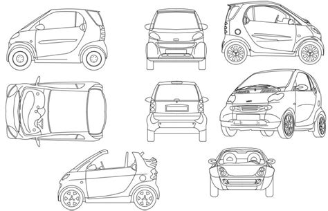 Smart car all sided elevation block drawing details dwg file - Cadbull