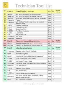 Technician Tool List – Dive Lab