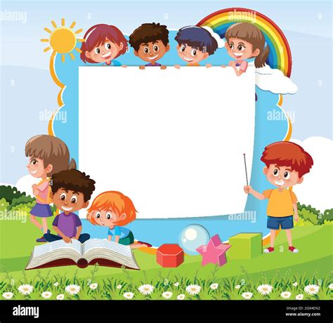 Empty board with many children cartoon character on nature park background illustration Stock ...