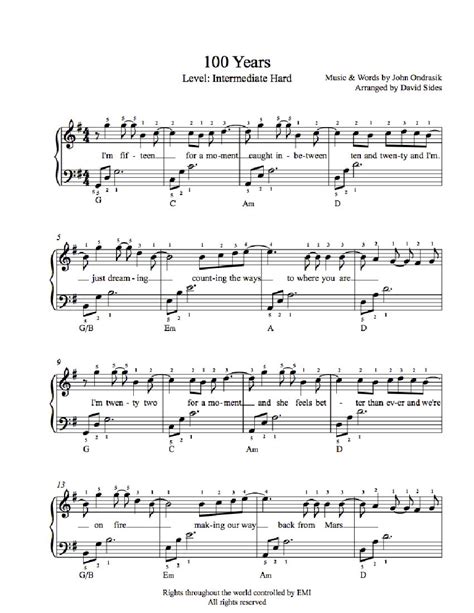 100 Years by Five for Fighting Piano Sheet Music | Intermediate Level | Piano sheet music, Sheet ...