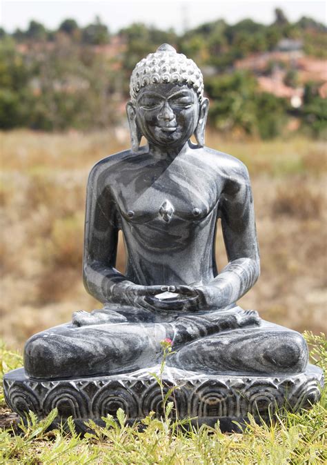 Black Marble Meditating Jain Statue 24" (#71bm90): Lotus Sculpture