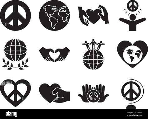 earth planet and peace symbol icon set over white background ...