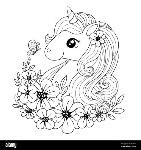 Monunicornio lindo y mágico rodeado de flores y mariposas. Imagen en blanco y negro para ...