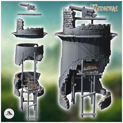 Stone defense tower with ruined cannon with scaffolding (19) - Wargaming3D