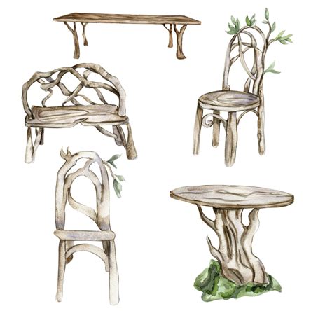 Wooden table, bench and chair for fairy. Watercolor hand drawn illustration . 24674150 PNG