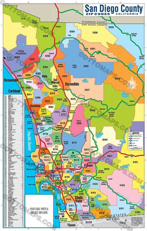 San Diego County Zip Code Map - COASTAL (Zip Codes colorized) – Otto Maps