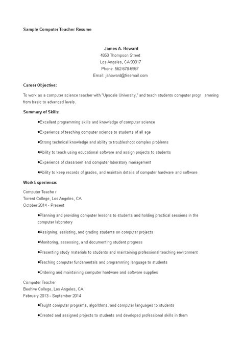 Resume For Computer Teacher Template