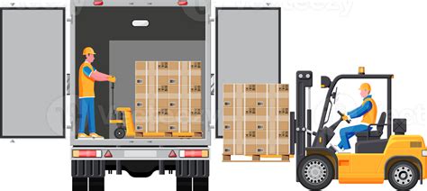 Forklift loading pallet boxes into lorry truck 35744050 PNG