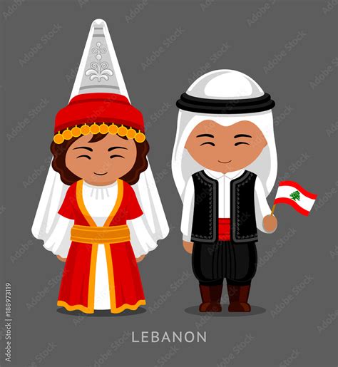 Lebanese in national dress with a flag. Man and woman in traditional costume. Travel to Lebanon ...