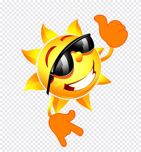 Sun smiley emoji gesturing thumbs up illustration, Sunglasses Cartoon ...