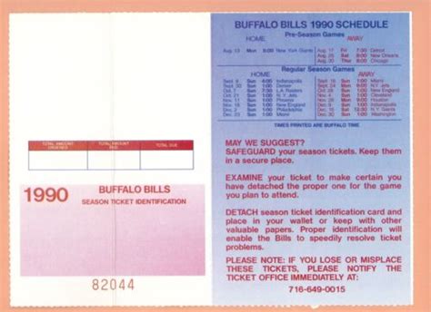 Buffalo Bills 1990 Season Ticket Holder NFL Schedule Super Bowl XXV Jim Kelly | eBay