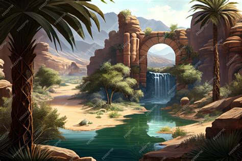 Premium AI Image | Oasis with waterfall and greenery surrounded by desert