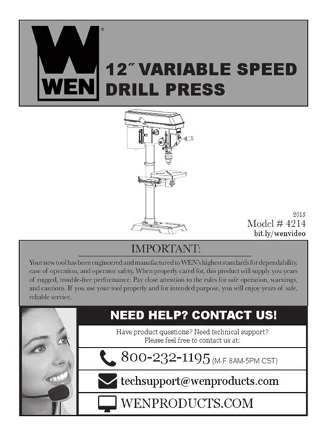 WEN 4214 12-Inch Variable Speed Drill Press Manual | PDF | Drill | Drilling