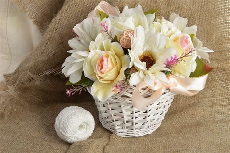 BUY Stylish small handmade white wicker basket with fabric flowers 770513020 - HANDMADE GOODS at ...