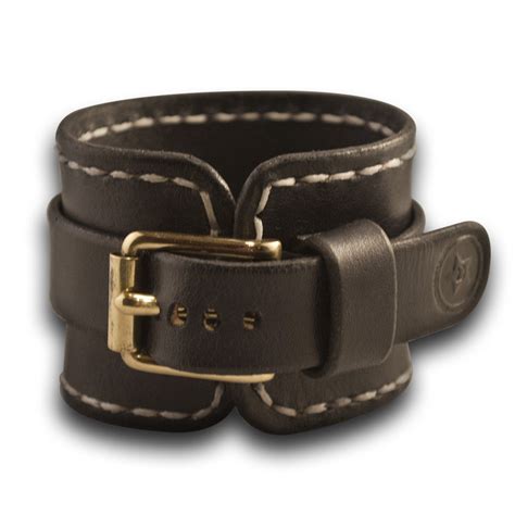 Wide Black Leather Cuff Watch Band with White Stitching - Rockstar Leatherworks™