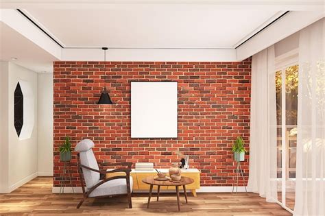 Modern living room interior design with red bricks textured wall chair media unit lights plants ...