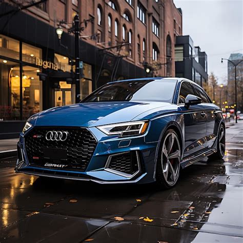 Premium AI Image | 2021 A Blue Audi RS3 Sedan black trim twin turbos sticking through hood of ...