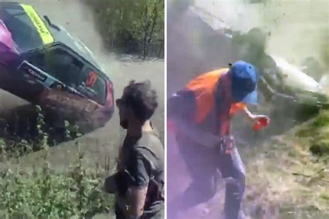 Watch terrifying moment rally car misses spectators by INCHES as it barrel rolls towards crowd ...