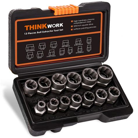 THINKWORK Impact Bolt Extractor Tool Set, 13+1 Pieces Stripped Lug Nut Remover, Nut Removal Tool ...