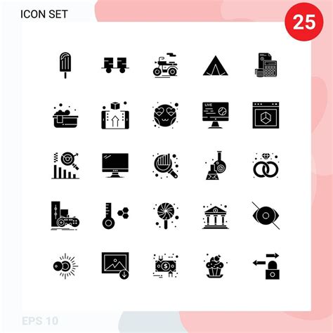 Modern Set of 25 Solid Glyphs Pictograph of accumulation spring lift truck wigwam camp Editable ...