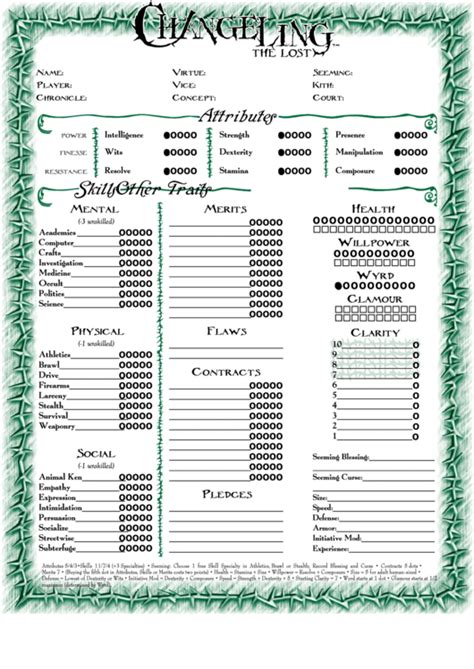 Top Changeling The Lost Character Sheets free to download in PDF format