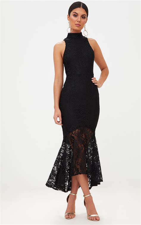 Black Lace High Neck Fishtail Midaxi Dress | PrettyLittleThing IE