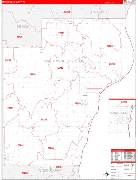 Manitowoc County, WI Zip Code Wall Map Red Line Style by MarketMAPS ...