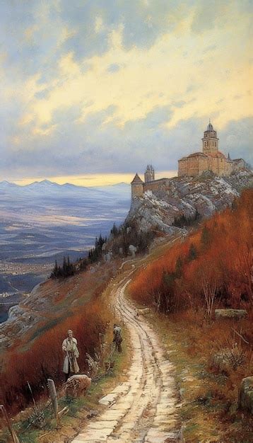 Premium AI Image | A painting of a castle on a hill with a person ...